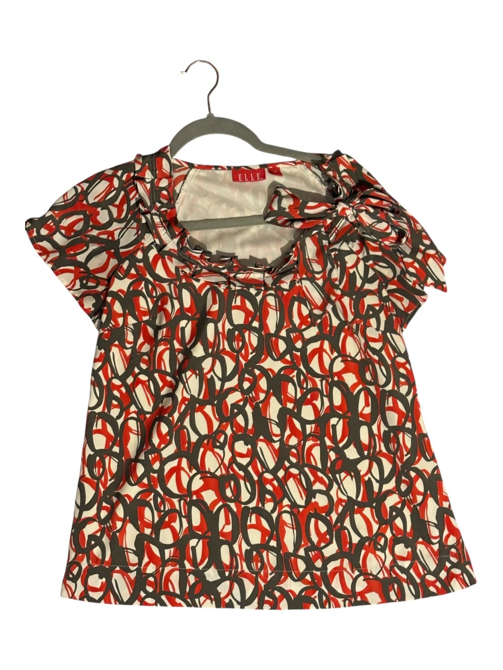 Elle Ivory Top with Red & Gray Abstract Print